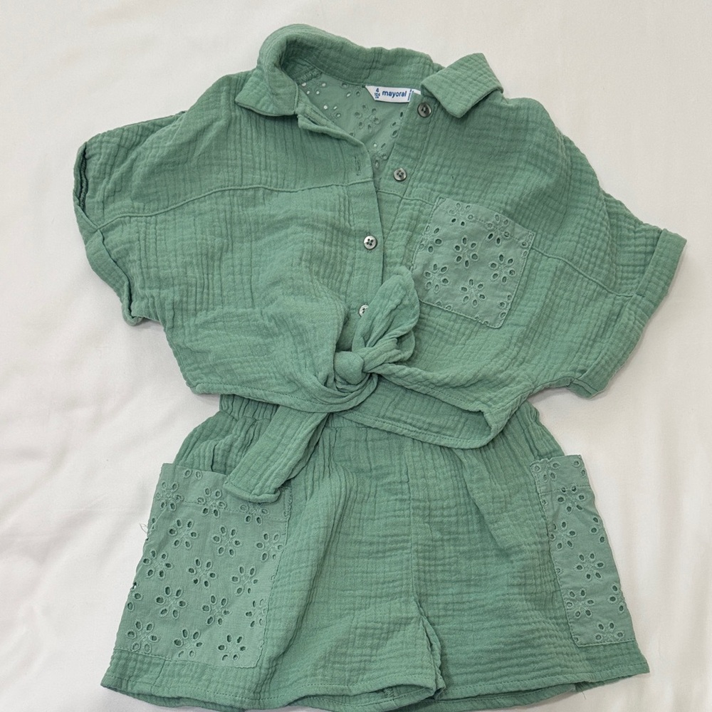 Never worn! Mayoral Green Button-Up Set  with Eyelet Details